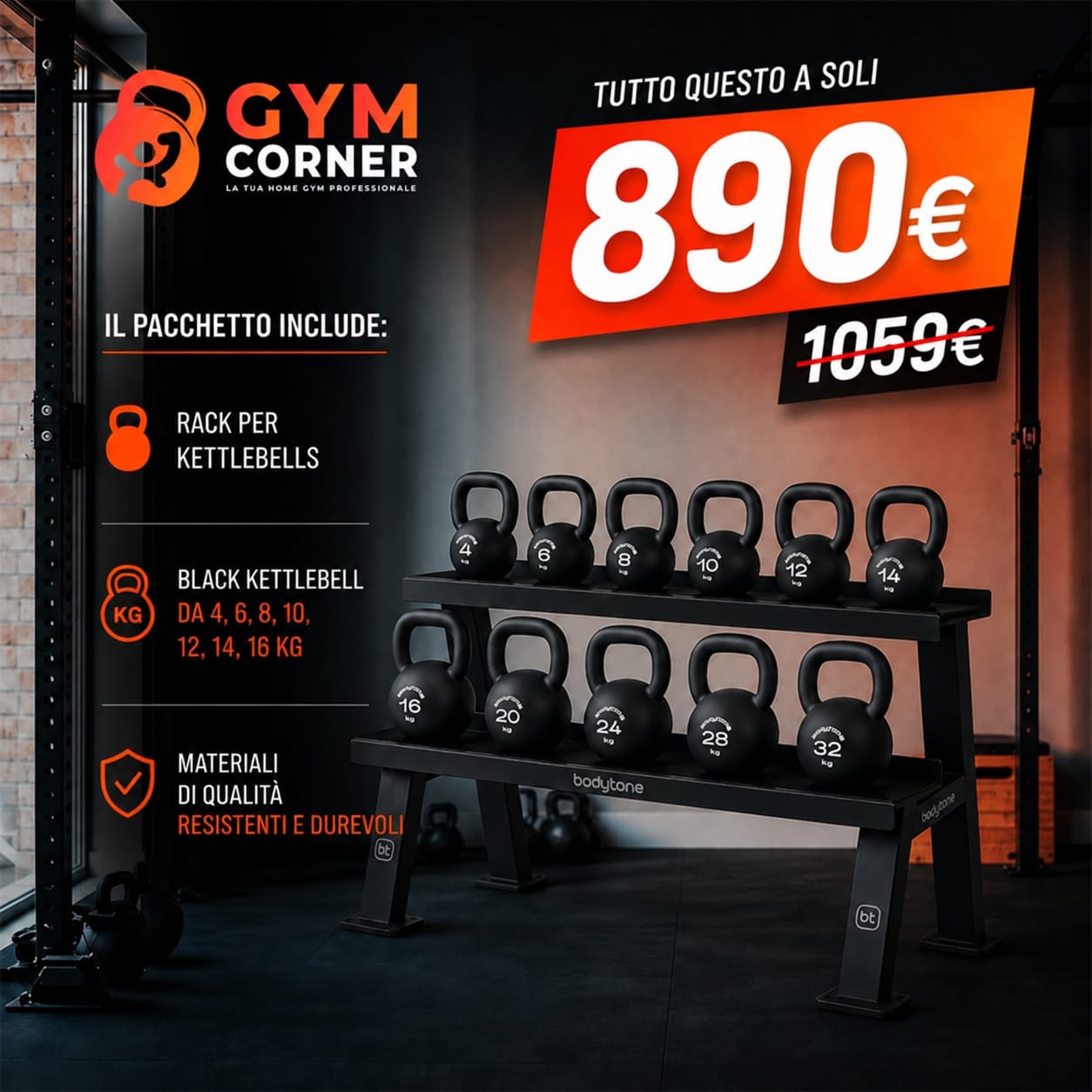 Pacchetto Home Gym – Rack + Set Kettlebell 4-16 Kg
